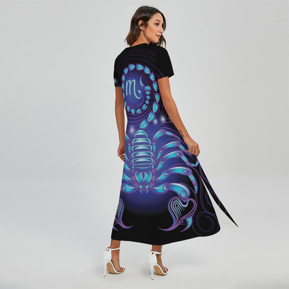 Dark Scorpio Zodiac Sign Print Short Sleeve Maxi Dress