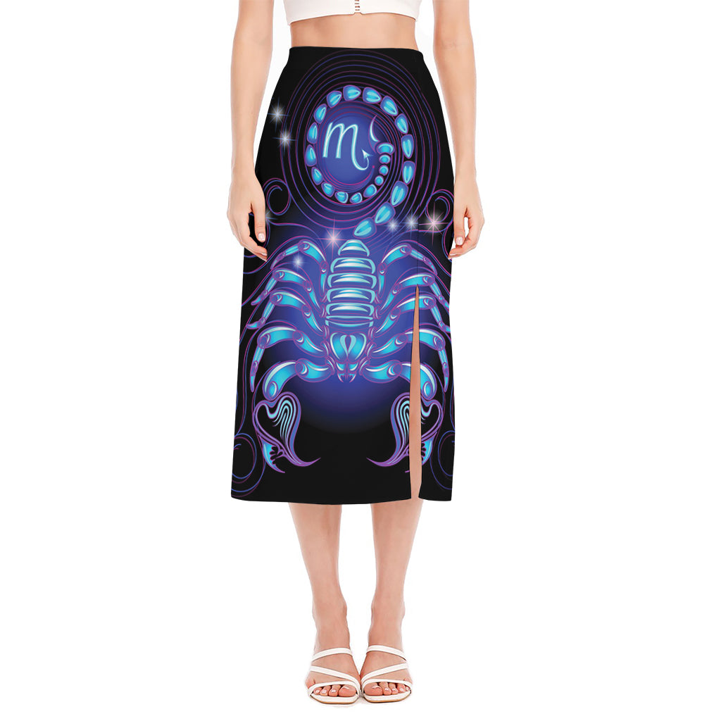 Dark Scorpio Zodiac Sign Print Side Slit Midi Skirt