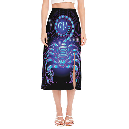 Dark Scorpio Zodiac Sign Print Side Slit Midi Skirt