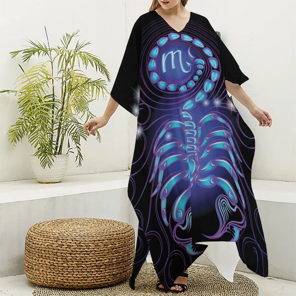 Dark Scorpio Zodiac Sign Print Silk V-Neck Kaftan Dress