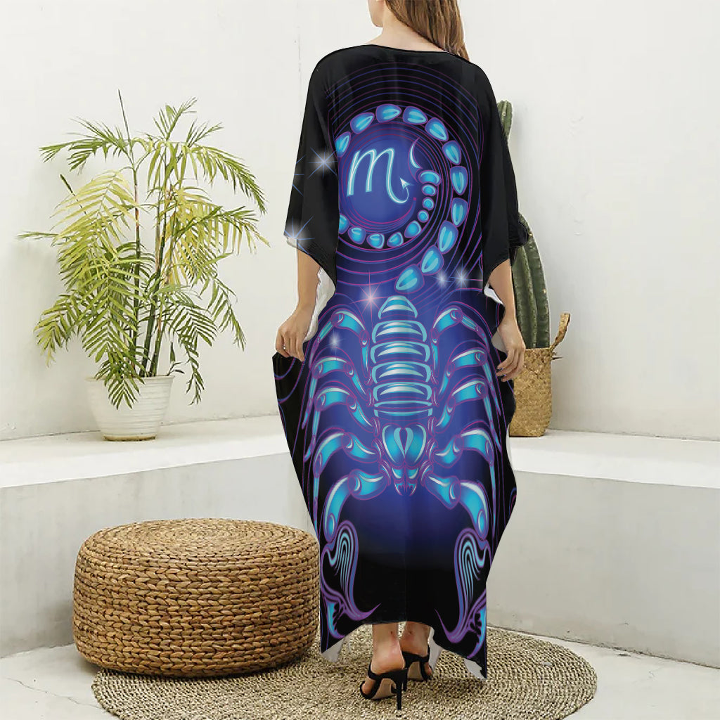 Dark Scorpio Zodiac Sign Print Silk V-Neck Kaftan Dress