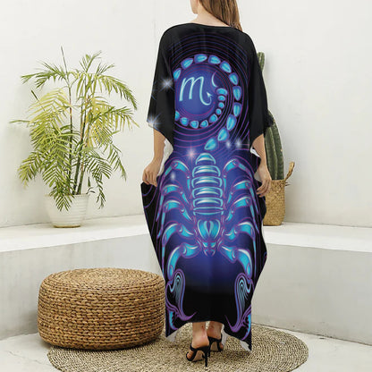 Dark Scorpio Zodiac Sign Print Silk V-Neck Kaftan Dress