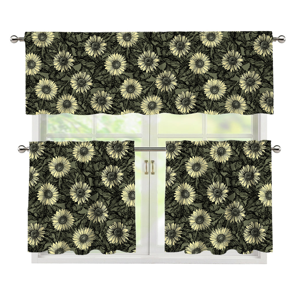 Dark Sunflower Pattern Print 3 Piece Kitchen Curtains