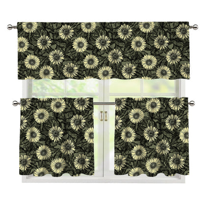 Dark Sunflower Pattern Print 3 Piece Kitchen Curtains