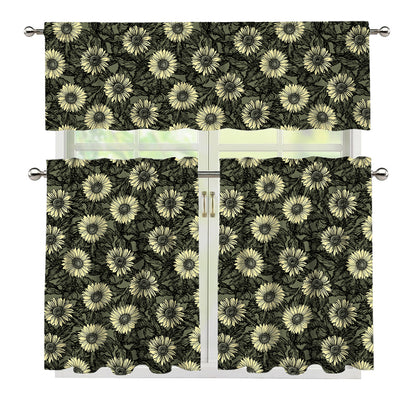 Dark Sunflower Pattern Print 3 Piece Kitchen Curtains