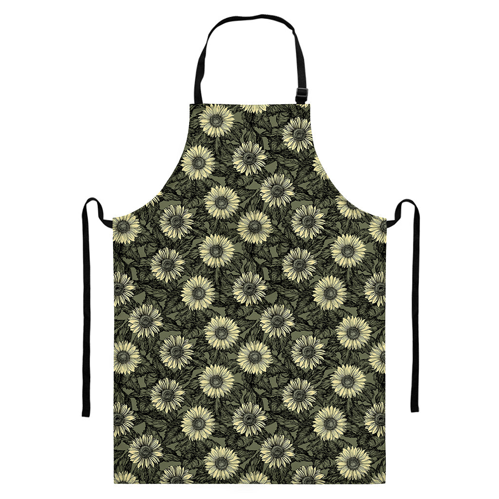 Dark Sunflower Pattern Print Bib Apron With Pocket