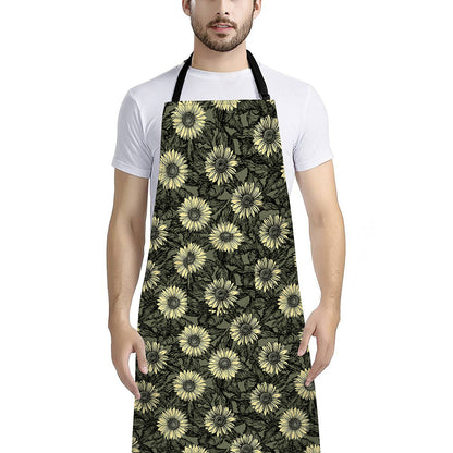 Dark Sunflower Pattern Print Bib Apron With Pocket