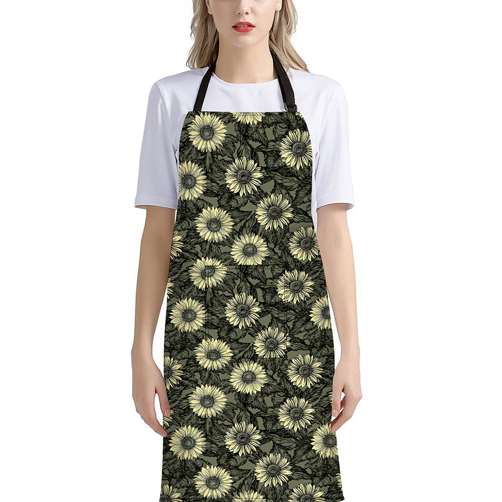 Dark Sunflower Pattern Print Bib Apron With Pocket