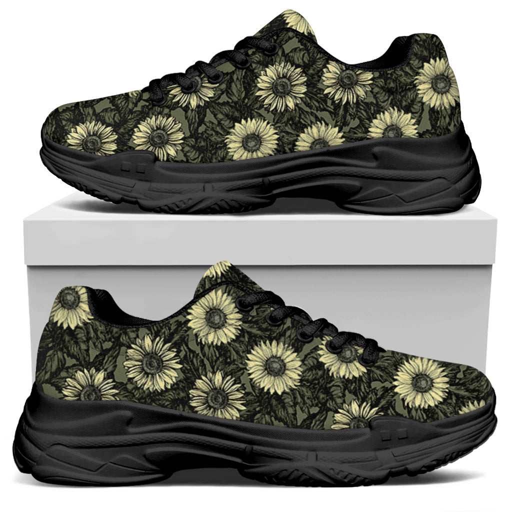 Dark Sunflower Pattern Print Black Chunky Shoes
