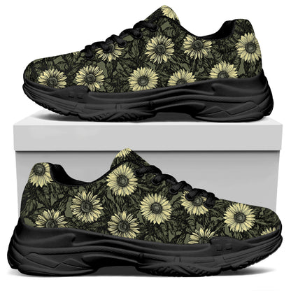 Dark Sunflower Pattern Print Black Chunky Shoes