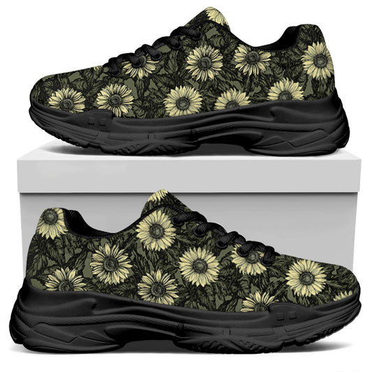 Dark Sunflower Pattern Print Black Chunky Shoes