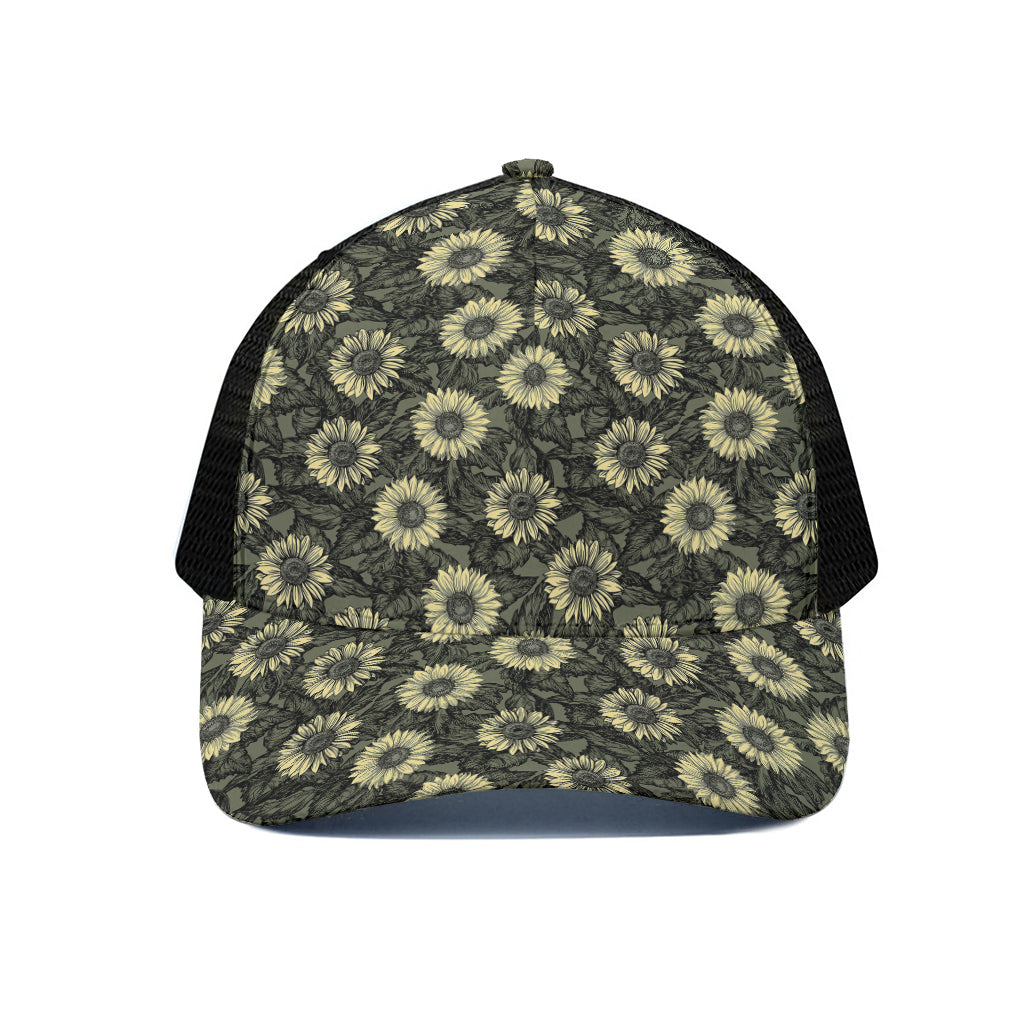 Dark Sunflower Pattern Print Black Mesh Trucker Cap