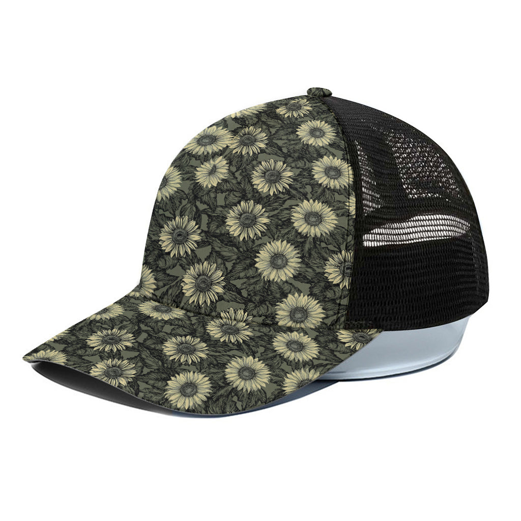 Dark Sunflower Pattern Print Black Mesh Trucker Cap
