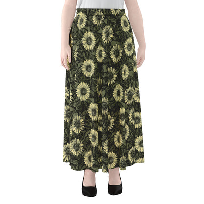 Dark Sunflower Pattern Print Chiffon Maxi Skirt