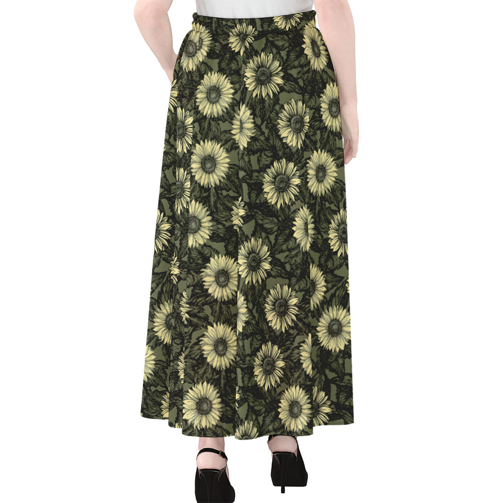 Dark Sunflower Pattern Print Chiffon Maxi Skirt
