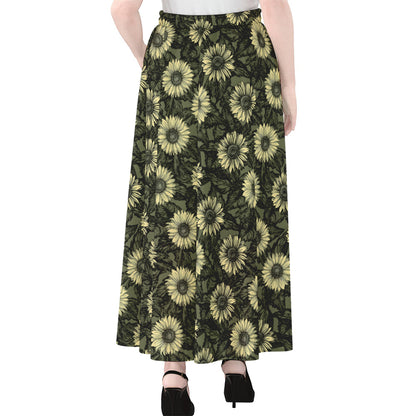 Dark Sunflower Pattern Print Chiffon Maxi Skirt