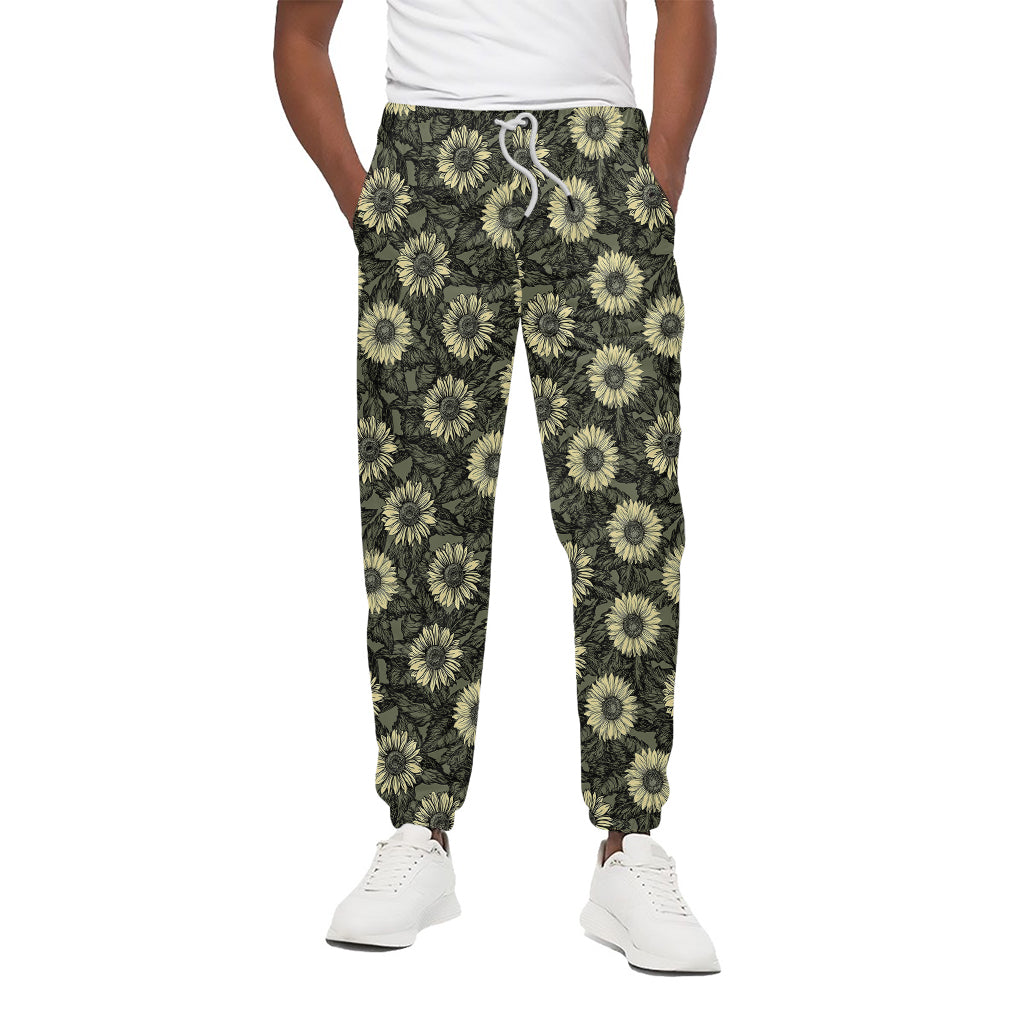 Dark Sunflower Pattern Print Cotton Pants