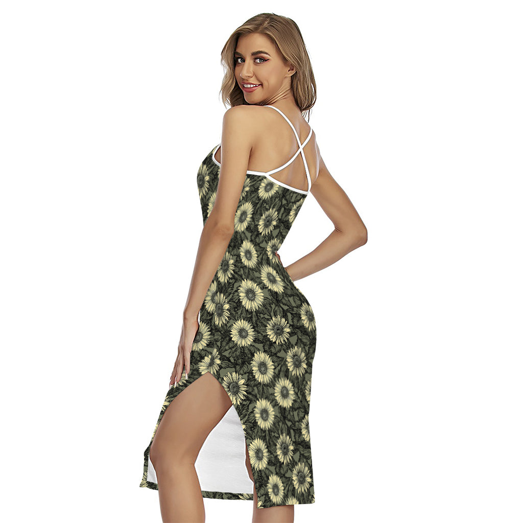 Dark Sunflower Pattern Print Cross Back Cami Dress