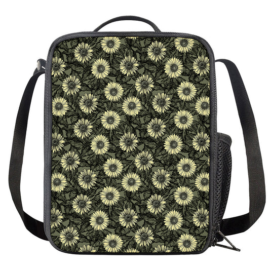 Dark Sunflower Pattern Print Crossbody Lunch Bag