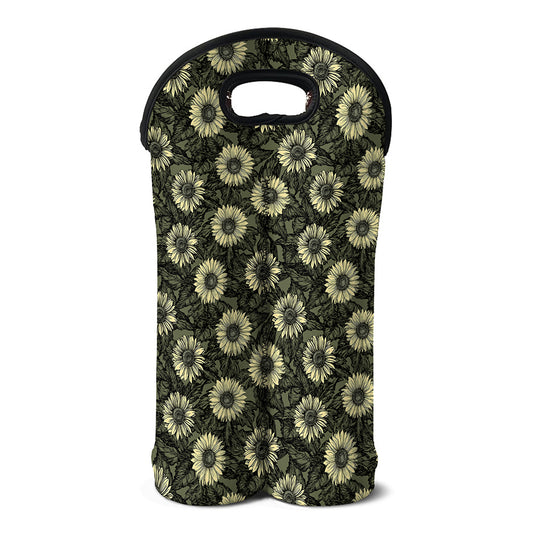 Dark Sunflower Pattern Print Double Neoprene Wine Tote