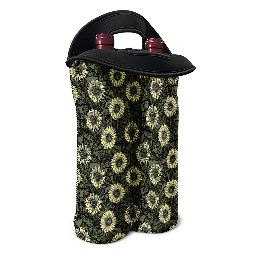 Dark Sunflower Pattern Print Double Neoprene Wine Tote