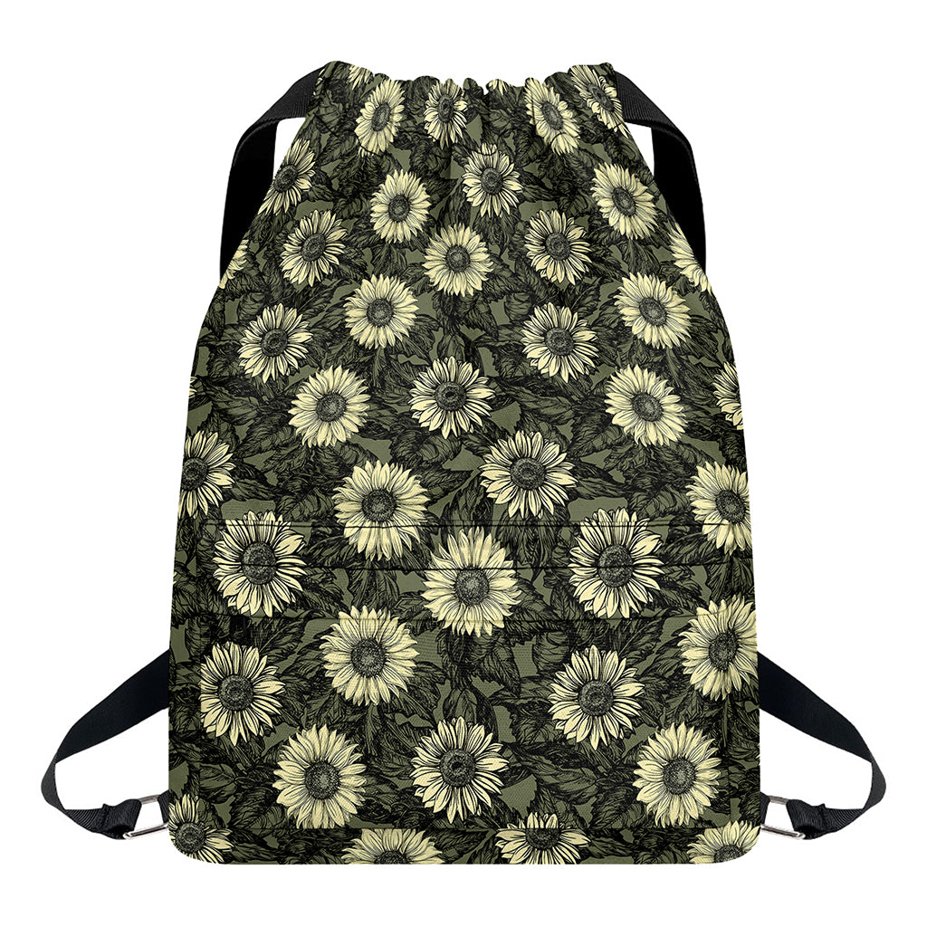 Dark Sunflower Pattern Print Drawstring Backpack