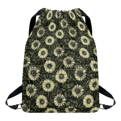 Dark Sunflower Pattern Print Drawstring Backpack