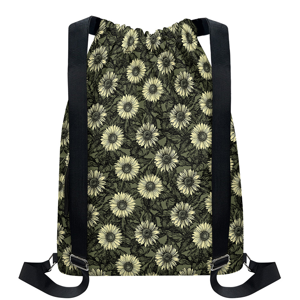 Dark Sunflower Pattern Print Drawstring Backpack