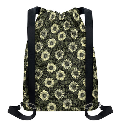 Dark Sunflower Pattern Print Drawstring Backpack