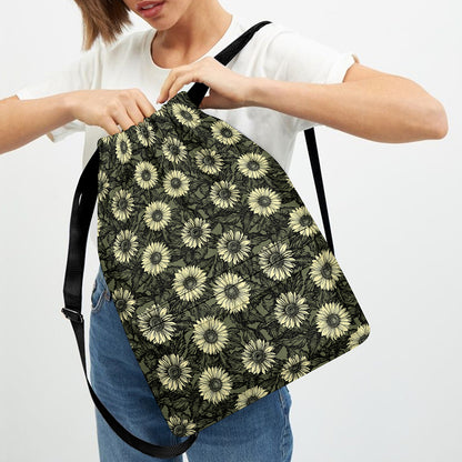 Dark Sunflower Pattern Print Drawstring Backpack