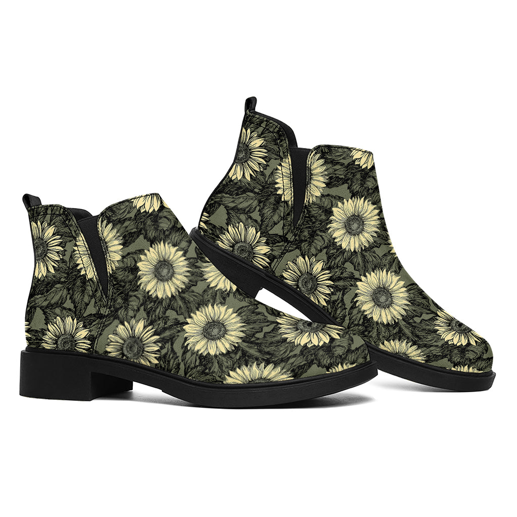 Dark Sunflower Pattern Print Flat Ankle Boots