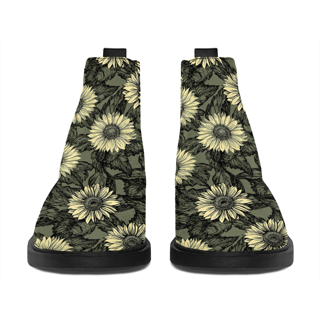 Dark Sunflower Pattern Print Flat Ankle Boots