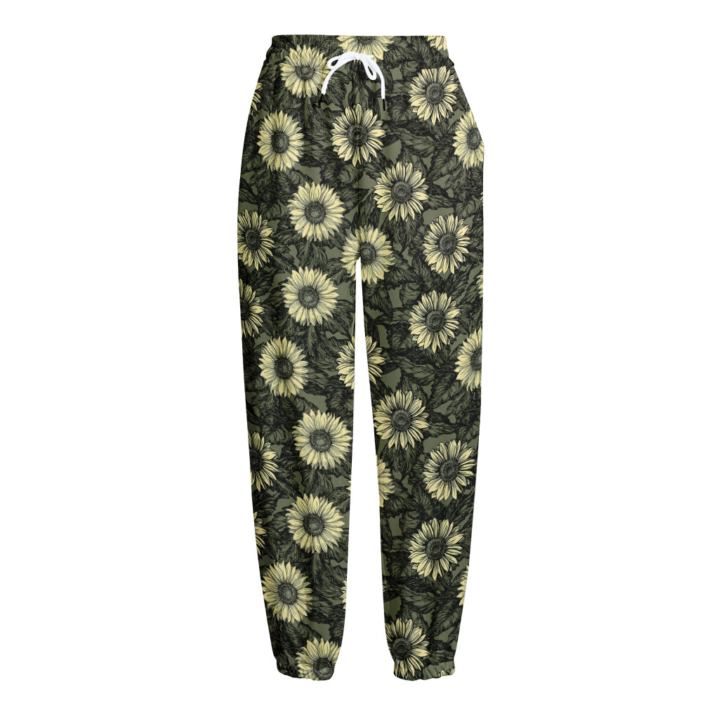 Dark Sunflower Pattern Print Fleece Lined Knit Pants