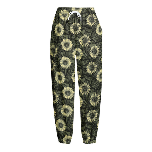Dark Sunflower Pattern Print Fleece Lined Knit Pants