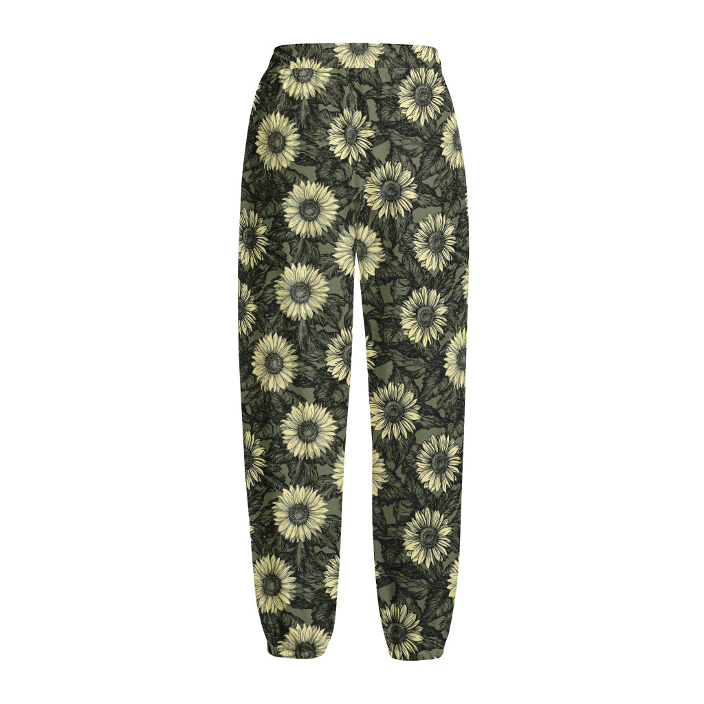 Dark Sunflower Pattern Print Fleece Lined Knit Pants