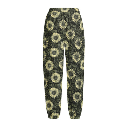 Dark Sunflower Pattern Print Fleece Lined Knit Pants