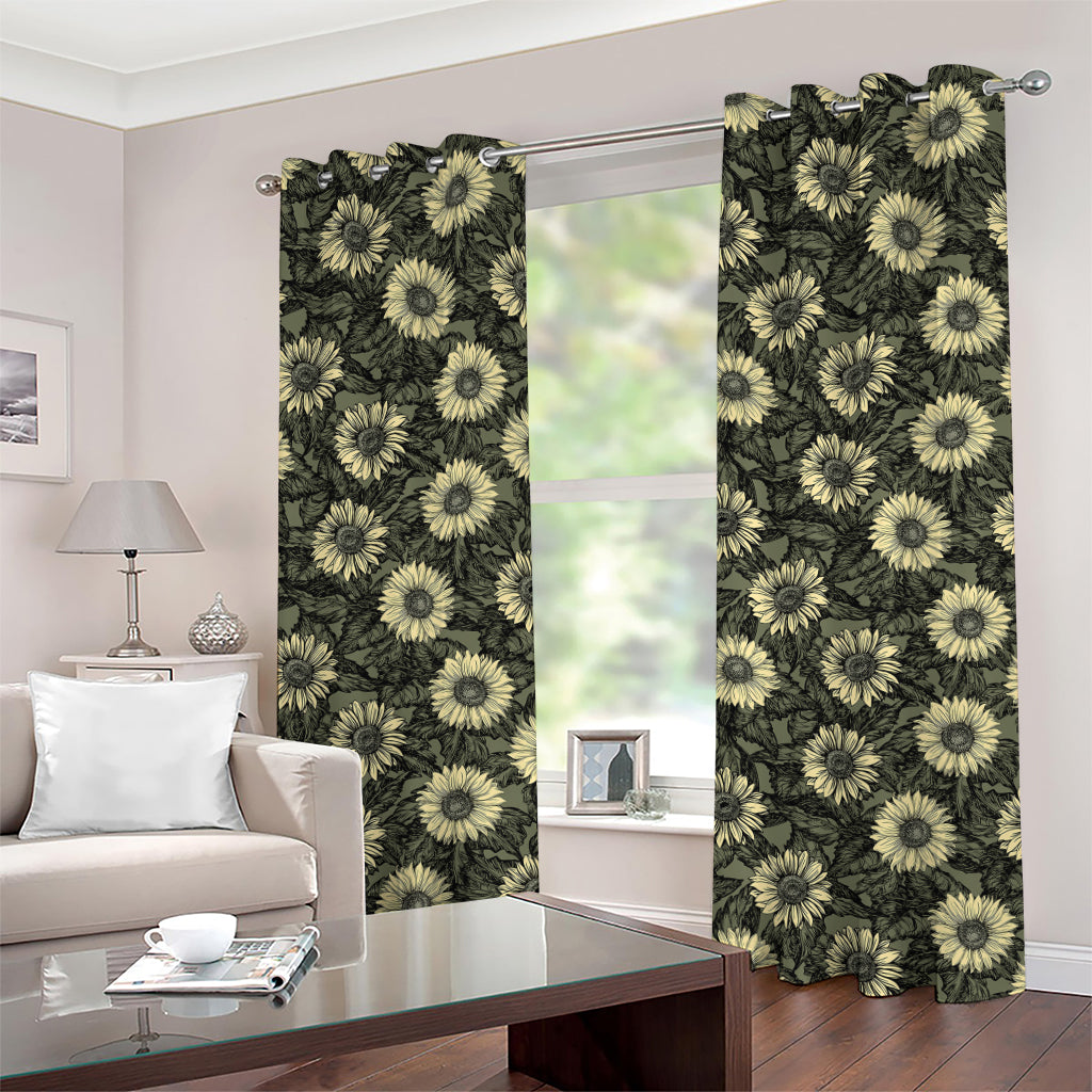 Dark Sunflower Pattern Print Grommet Curtains