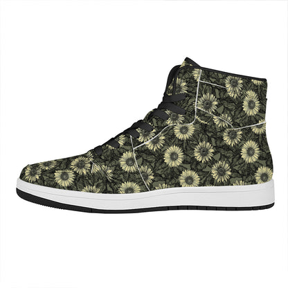 Dark Sunflower Pattern Print High Top Leather Sneakers