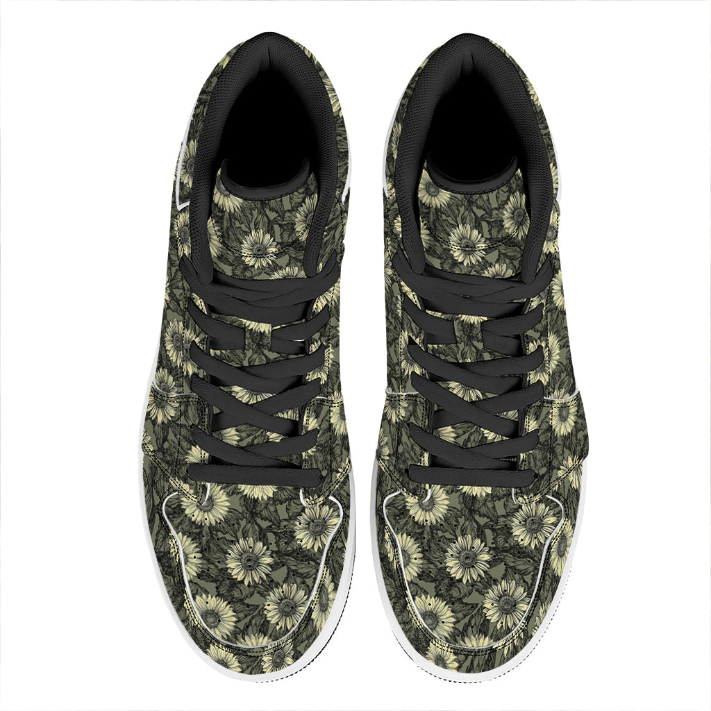 Dark Sunflower Pattern Print High Top Leather Sneakers
