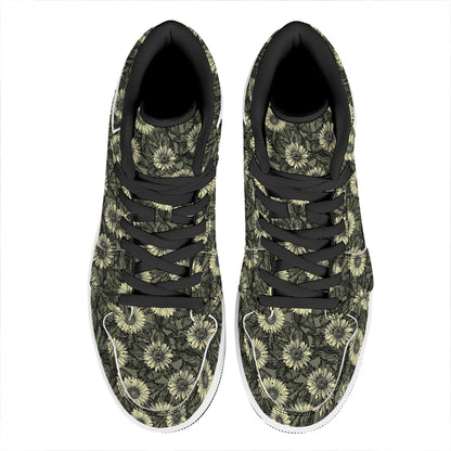 Dark Sunflower Pattern Print High Top Leather Sneakers