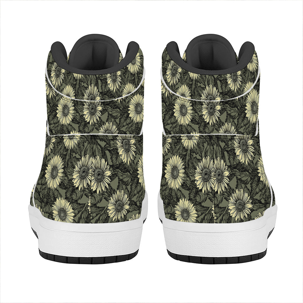 Dark Sunflower Pattern Print High Top Leather Sneakers