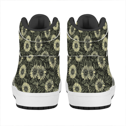 Dark Sunflower Pattern Print High Top Leather Sneakers