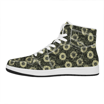 Dark Sunflower Pattern Print High Top Leather Sneakers
