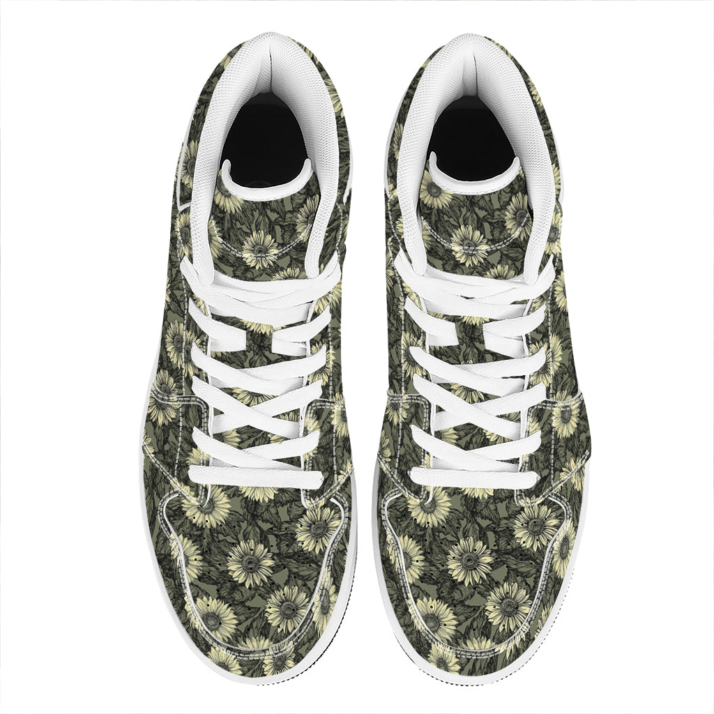 Dark Sunflower Pattern Print High Top Leather Sneakers