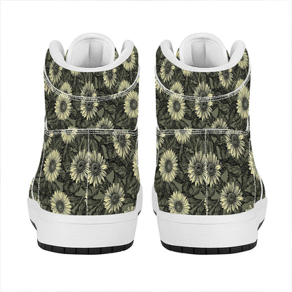 Dark Sunflower Pattern Print High Top Leather Sneakers