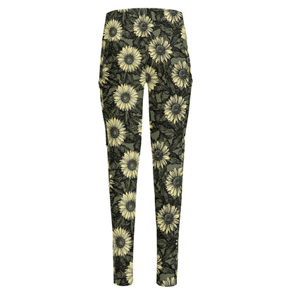 Dark Sunflower Pattern Print High-Waisted Pocket Leggings