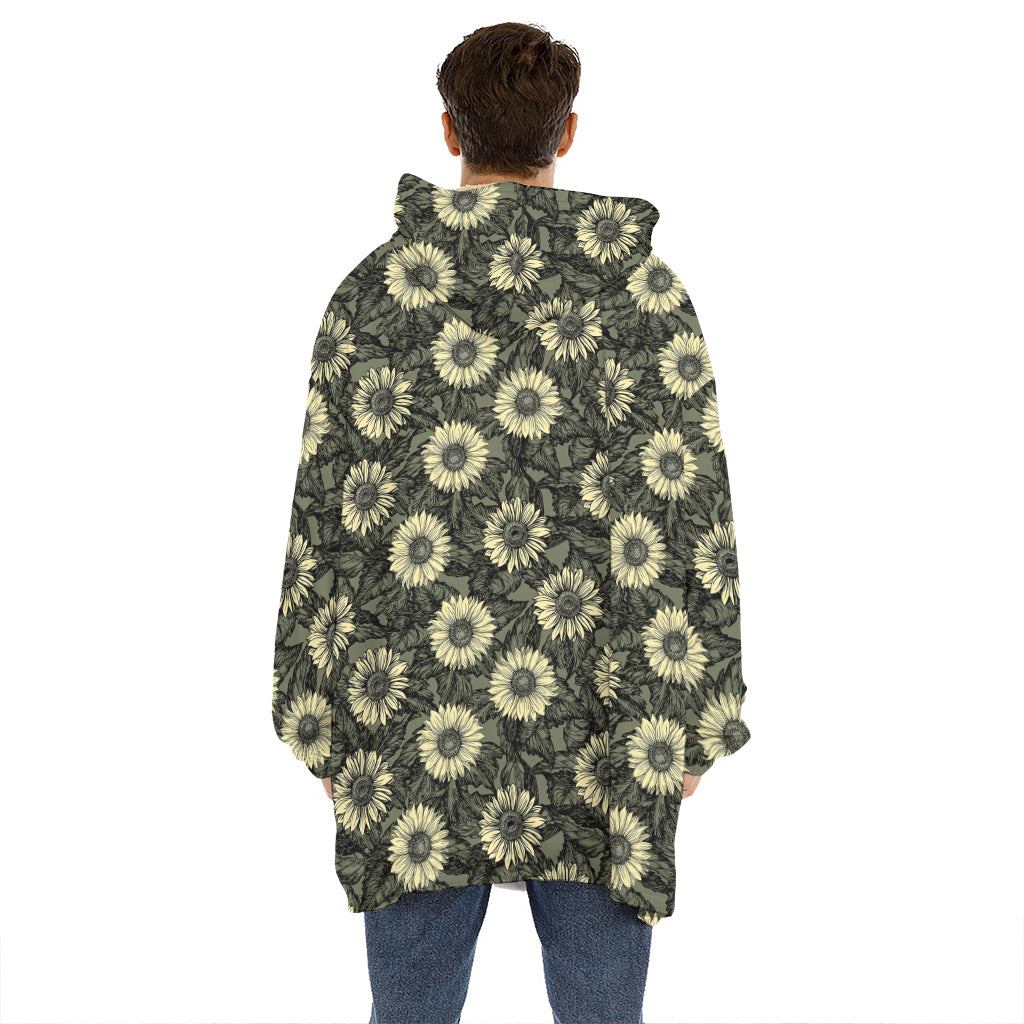 Dark Sunflower Pattern Print Hoodie Blanket