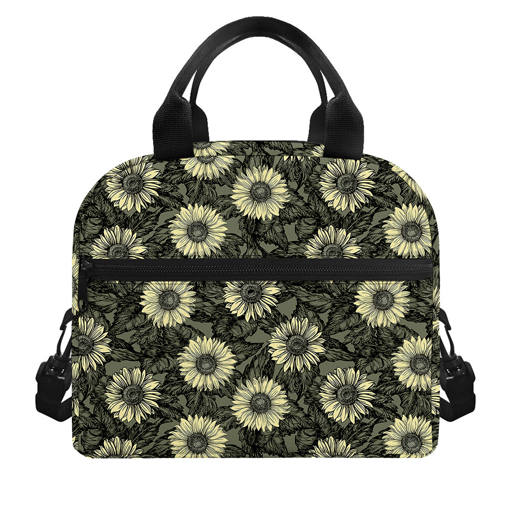 Dark Sunflower Pattern Print Insulated Lunch Bag