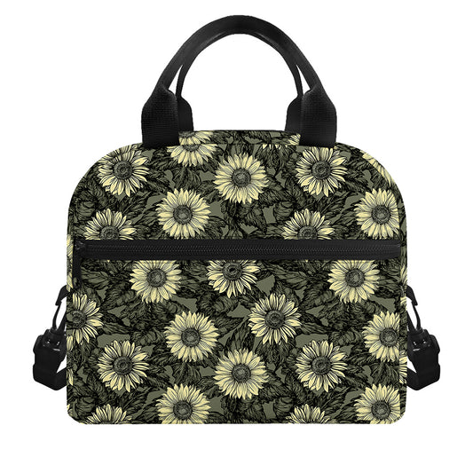 Dark Sunflower Pattern Print Insulated Lunch Bag