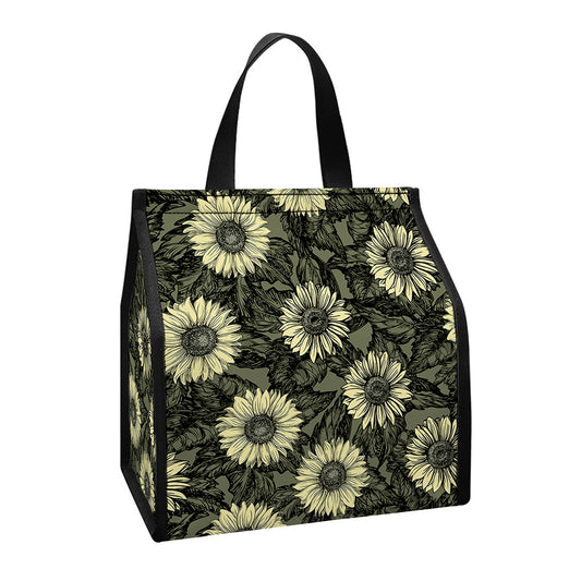 Dark Sunflower Pattern Print Insulated Lunch Tote